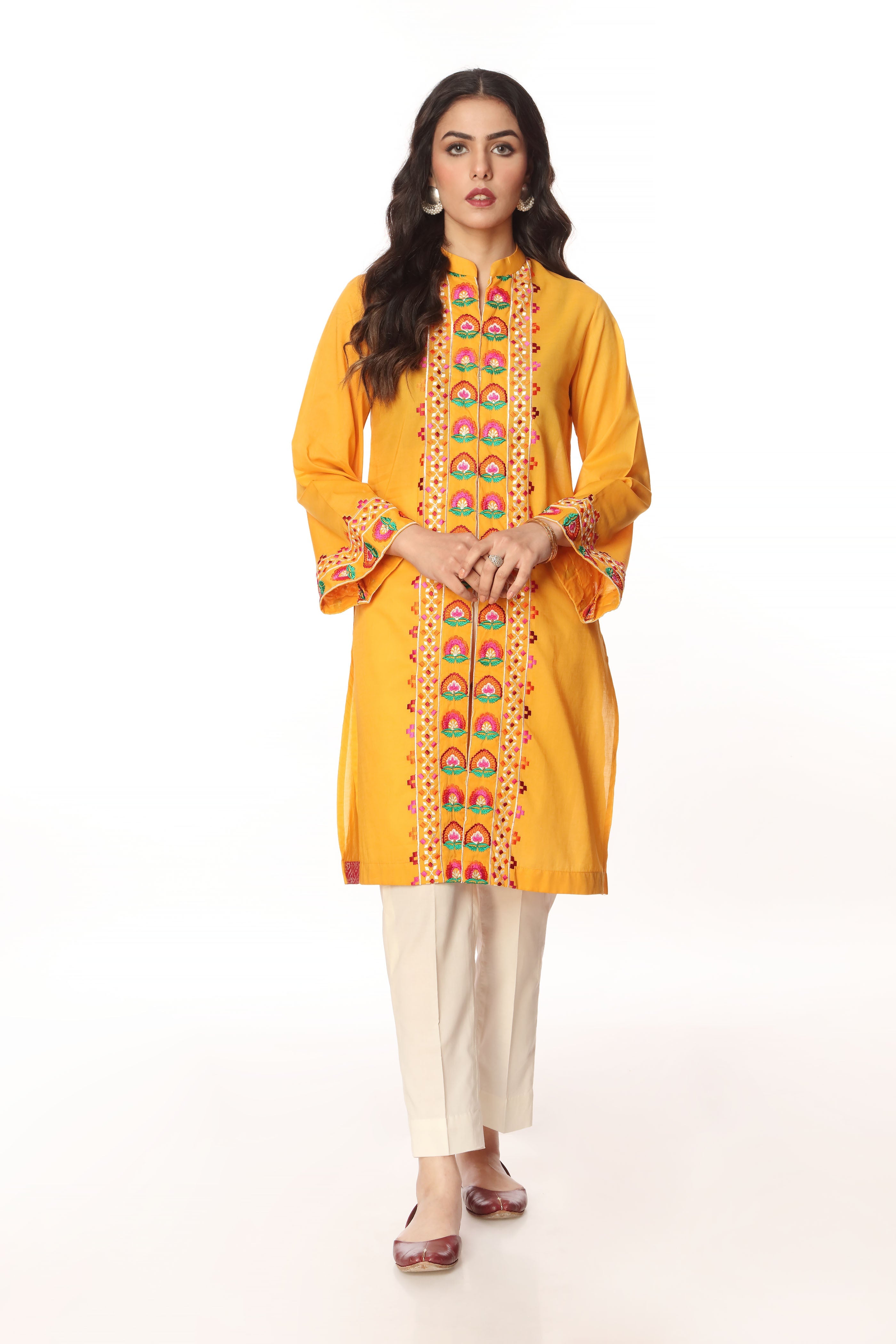 Mustard Flower 1 in Yellow coloured Printed Lawn fabric