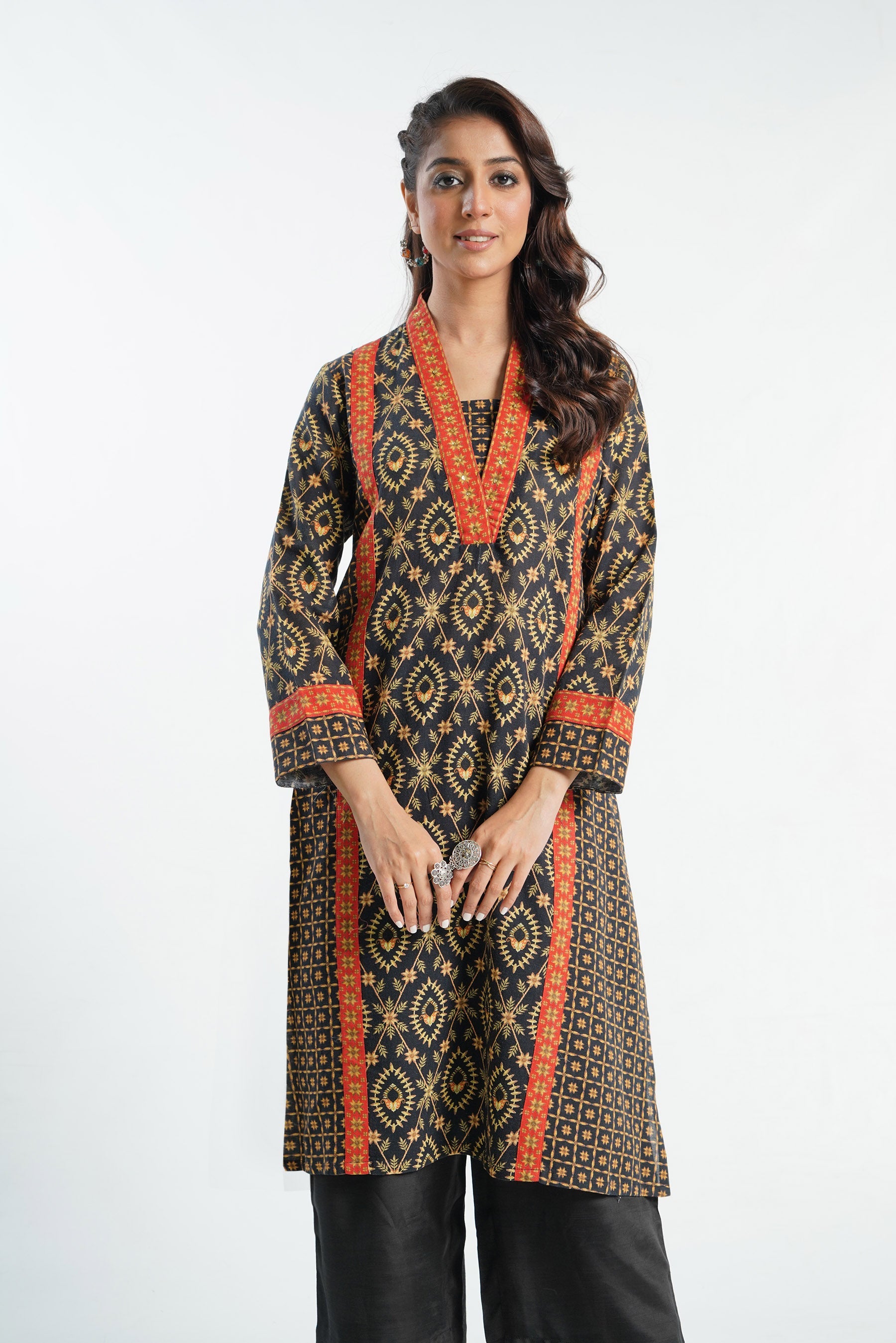 Grid Jaal 1 in Multi coloured Printed Slub Khaddar fabric 4