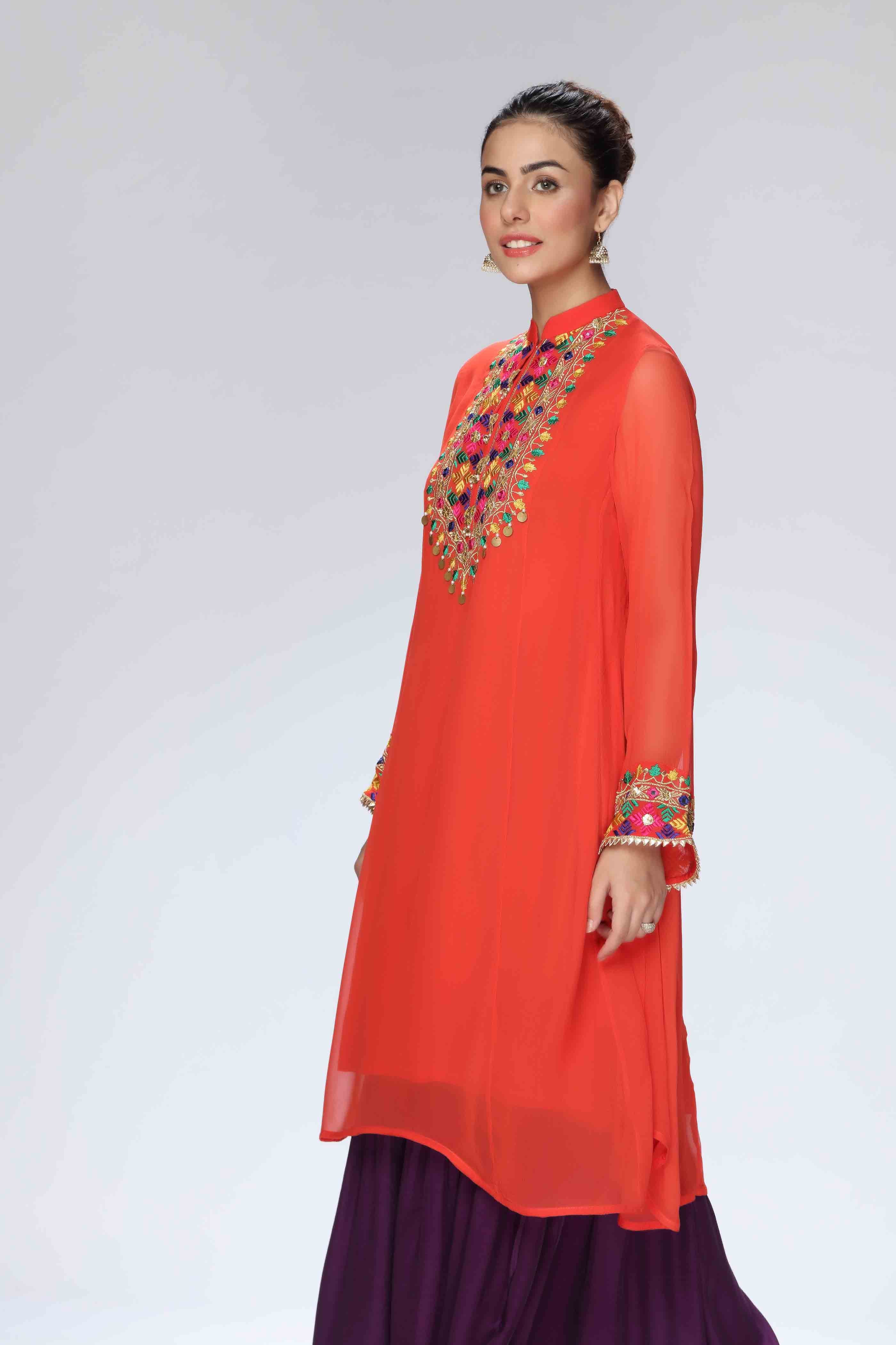 Embroidered Tangerine in Orange coloured Pak Chiffon fabric 2