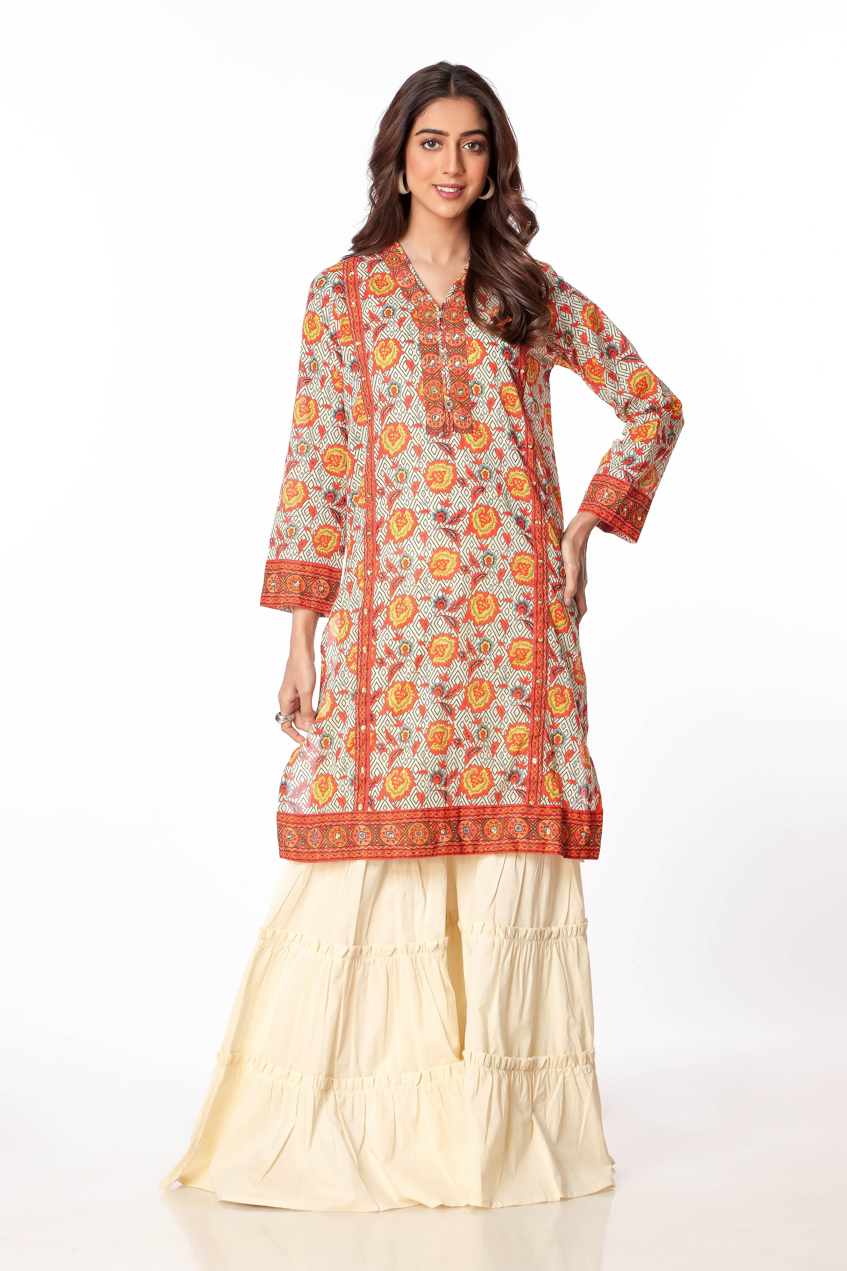 Phool Grid in Multi coloured Printed Lawn fabric