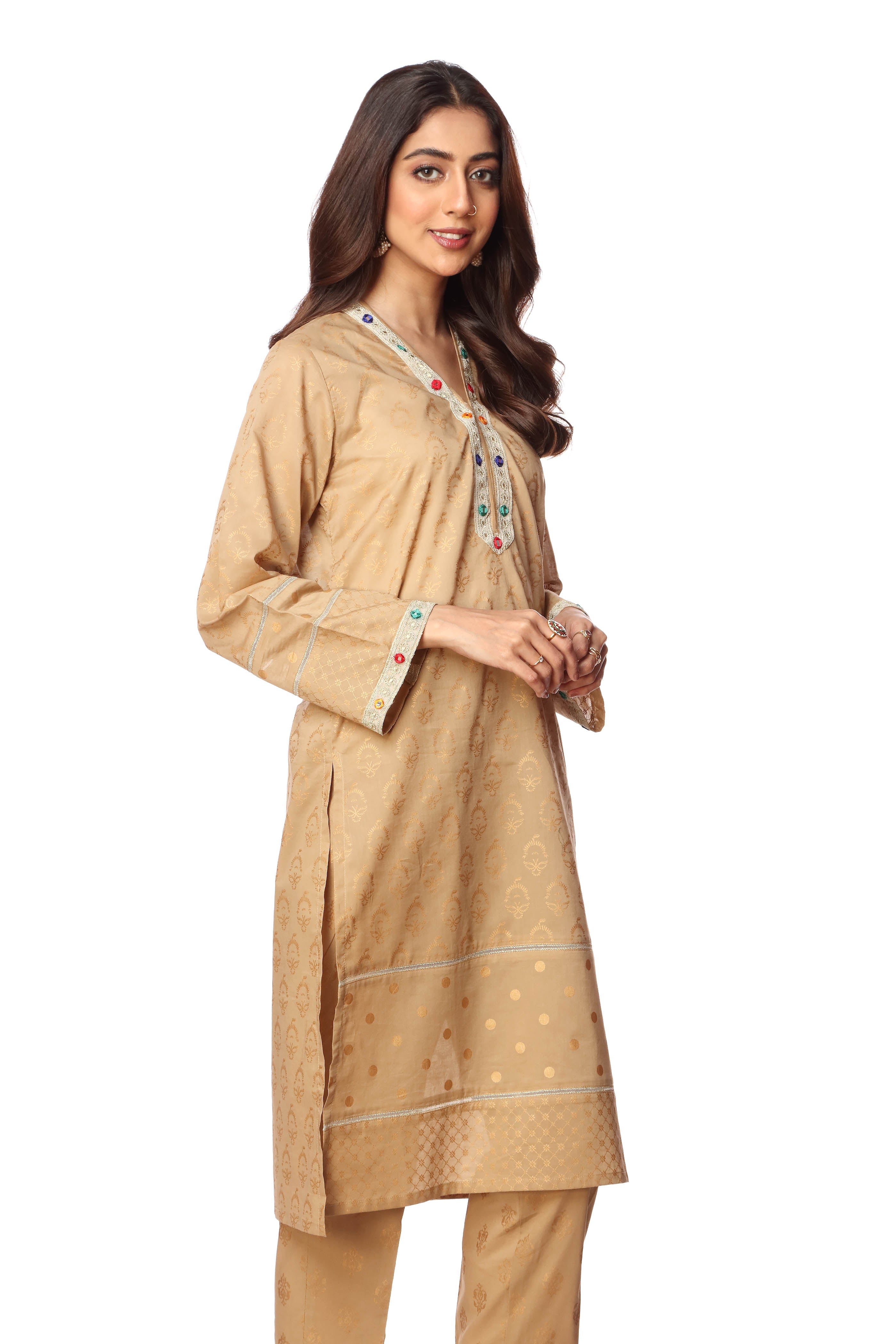 Beige Gold 1 in Beige coloured Printed Lawn fabric 2