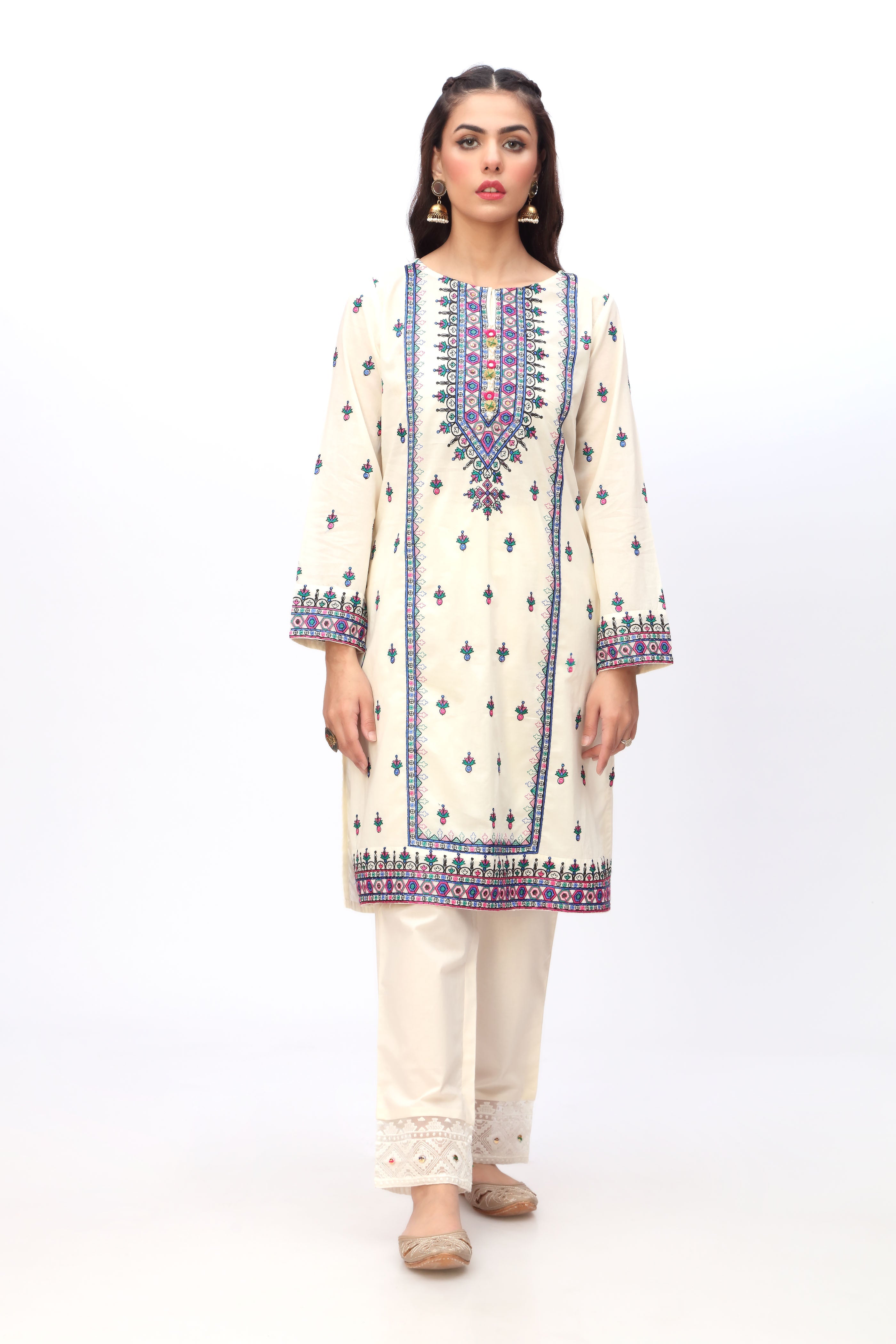 Blue Pottery 3 in Off White coloured Lawn fabric