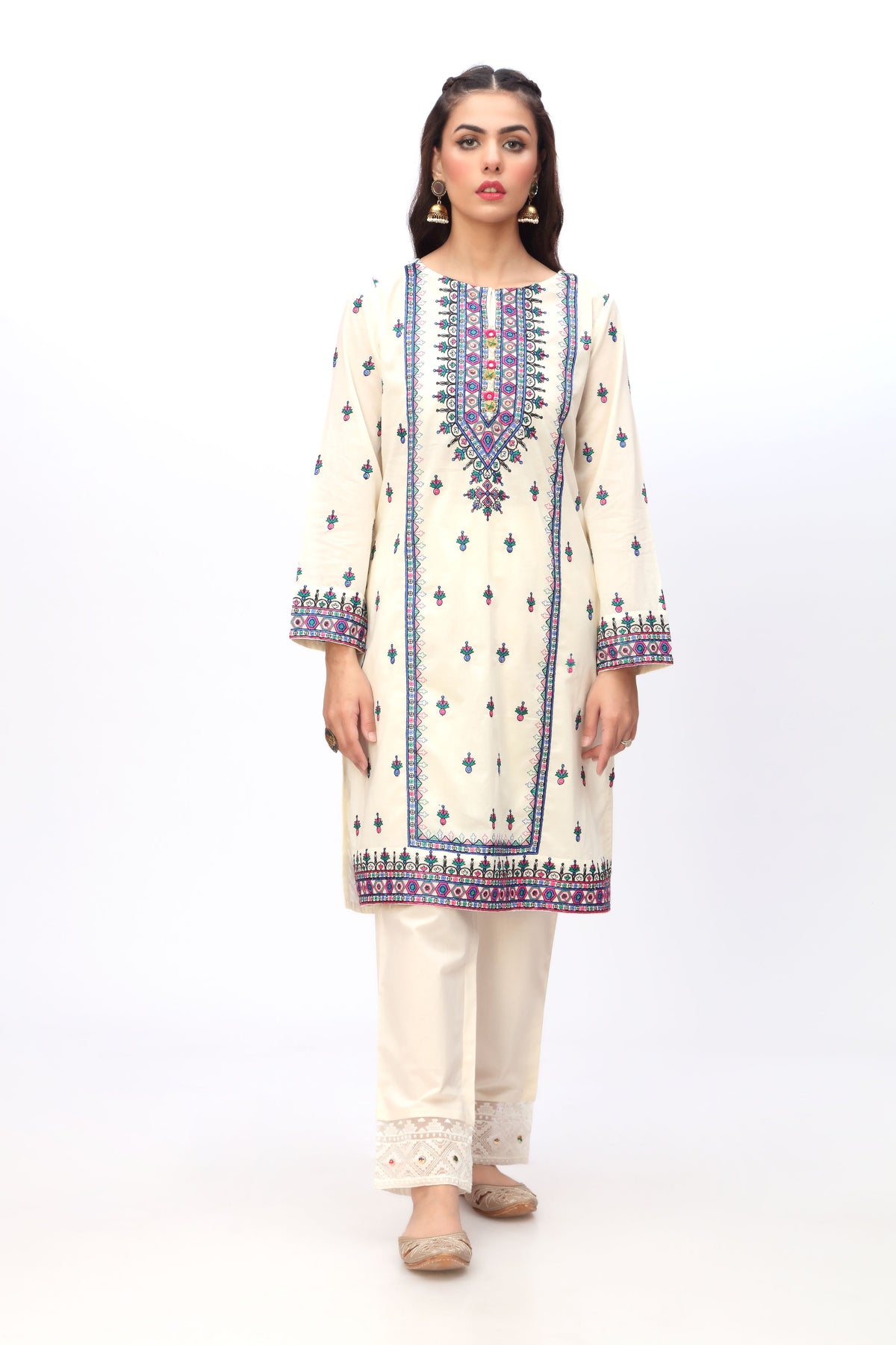 Blue Pottery 3 in Off White coloured Lawn fabric