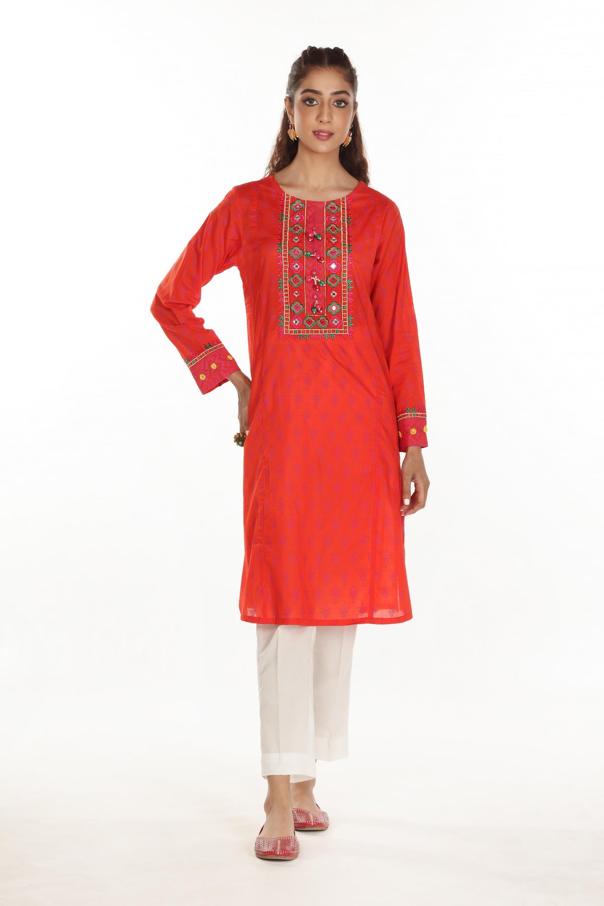 Orange Grid 2 in Orange coloured Printed Lawn fabric