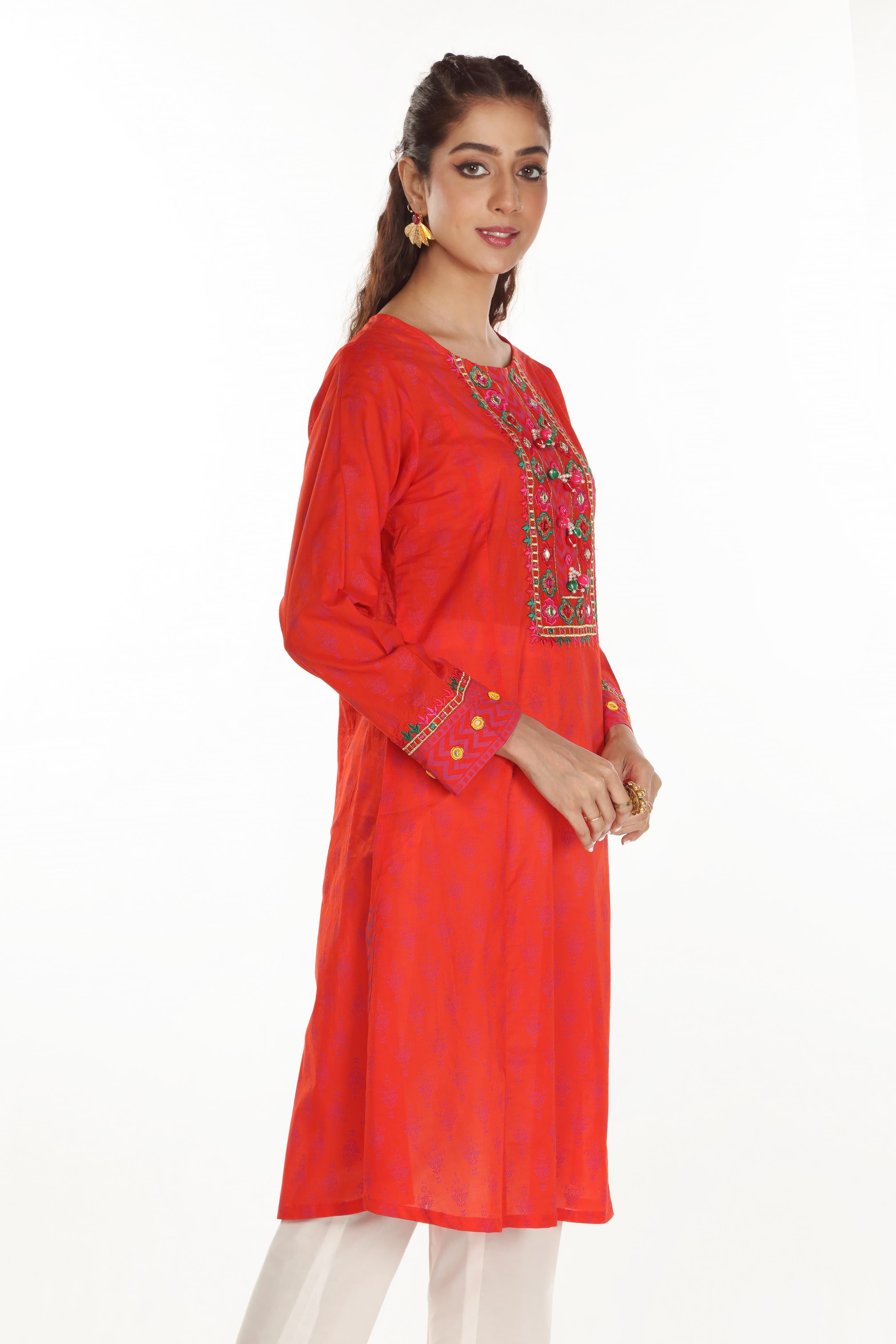 Orange Grid 2 in Orange coloured Printed Lawn fabric 2