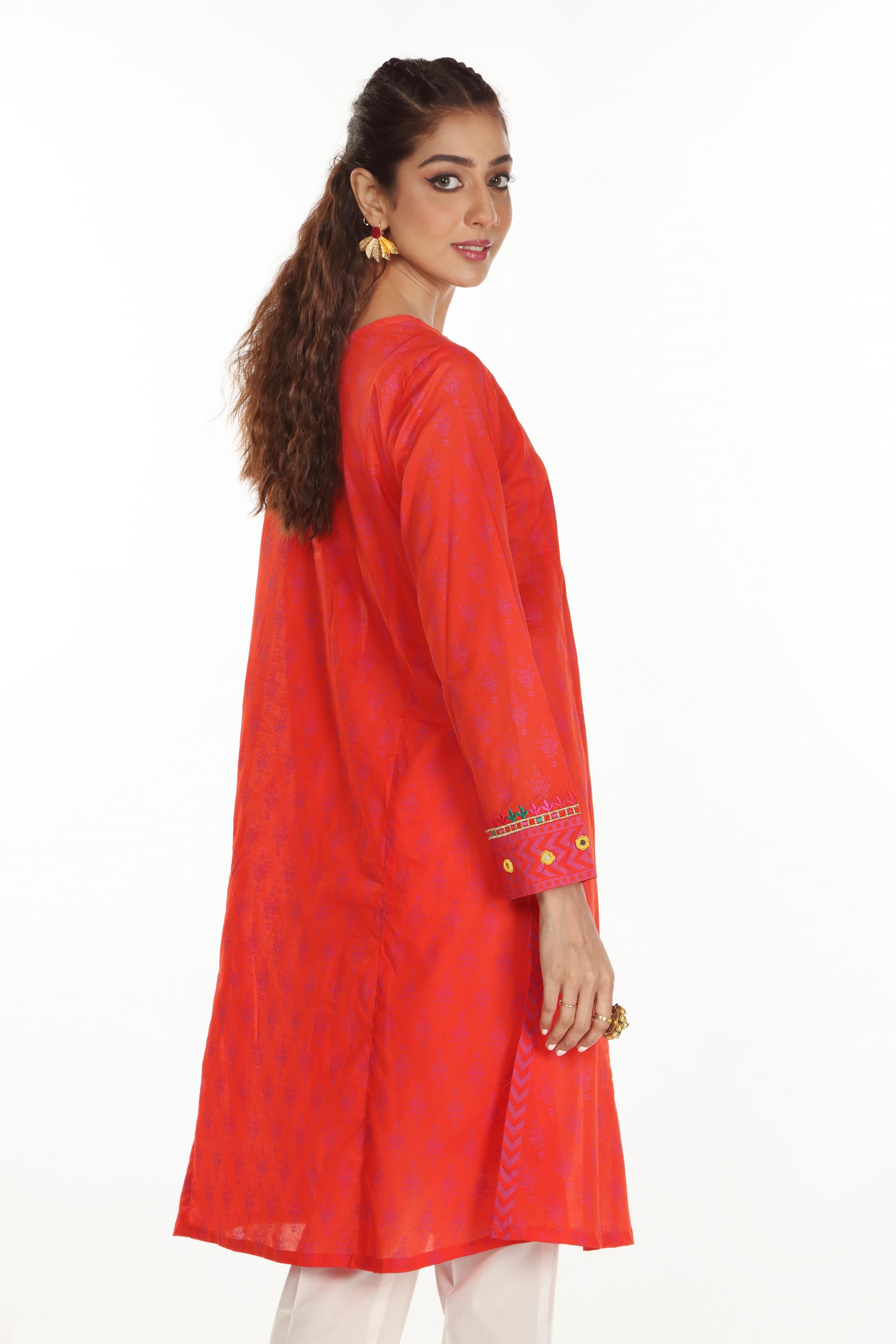 Orange Grid 2 in Orange coloured Printed Lawn fabric 3