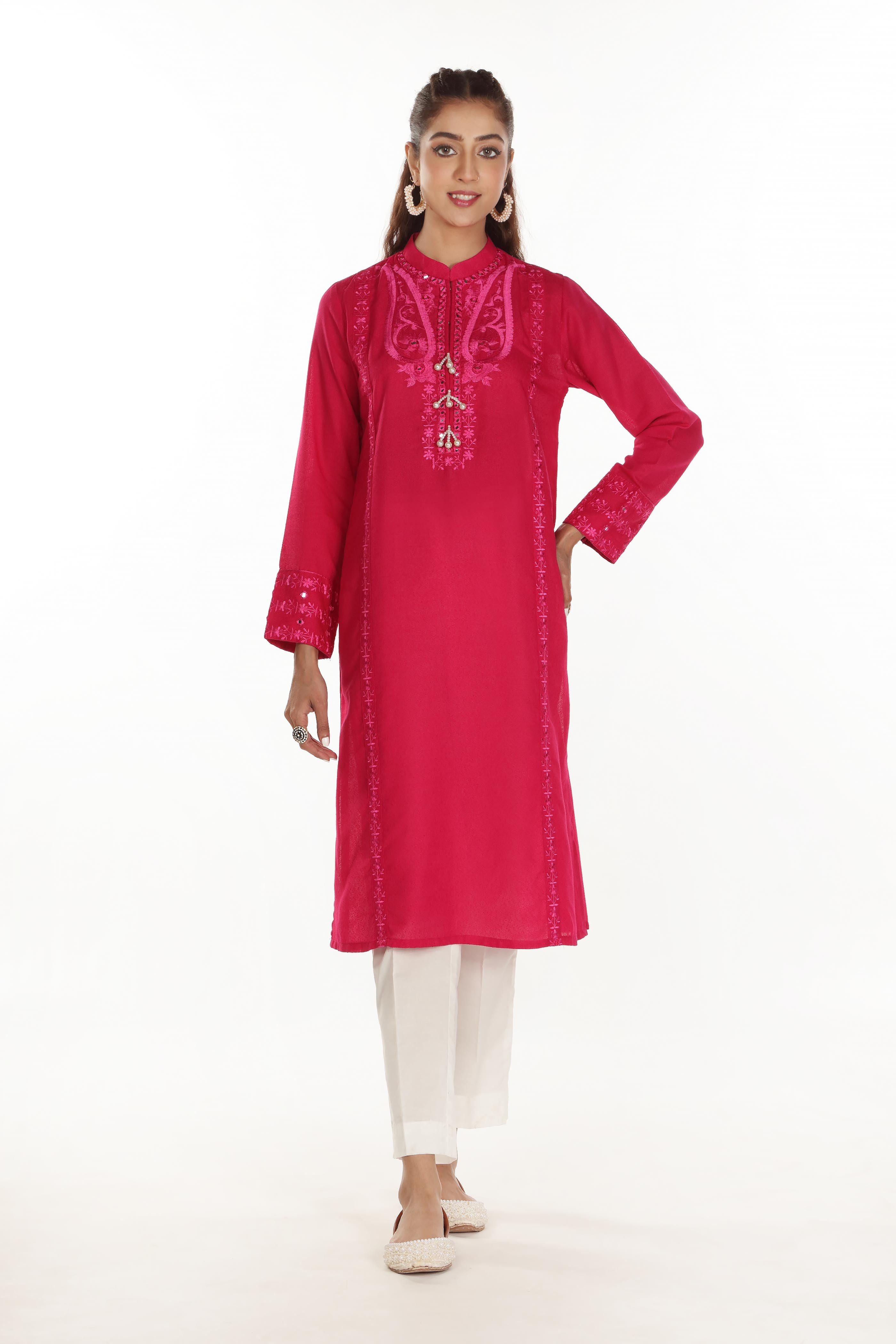 Self Paisley 2 in Pink coloured Lawn Karandi fabric